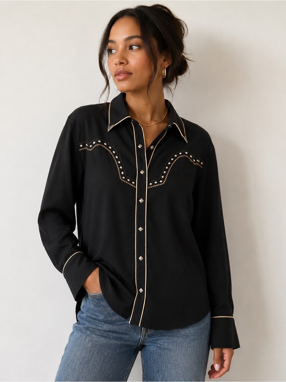 Scully Western Rodeo Snap Shirt Black Embroidered Cowboy Unisex size Med